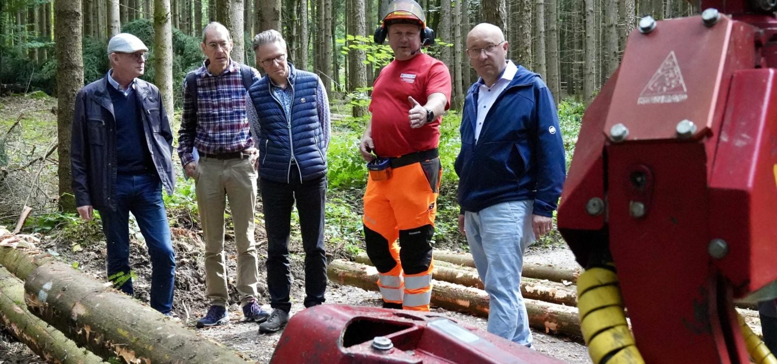 Sie lassen sich über die Wald- und Holzwirtschaft informieren: Administrationsrat Lothar Bandel (links), Verwaltungsdirektor Thomas Franck (Mitte), Regierungspräsident Beat Tinner (rechts).